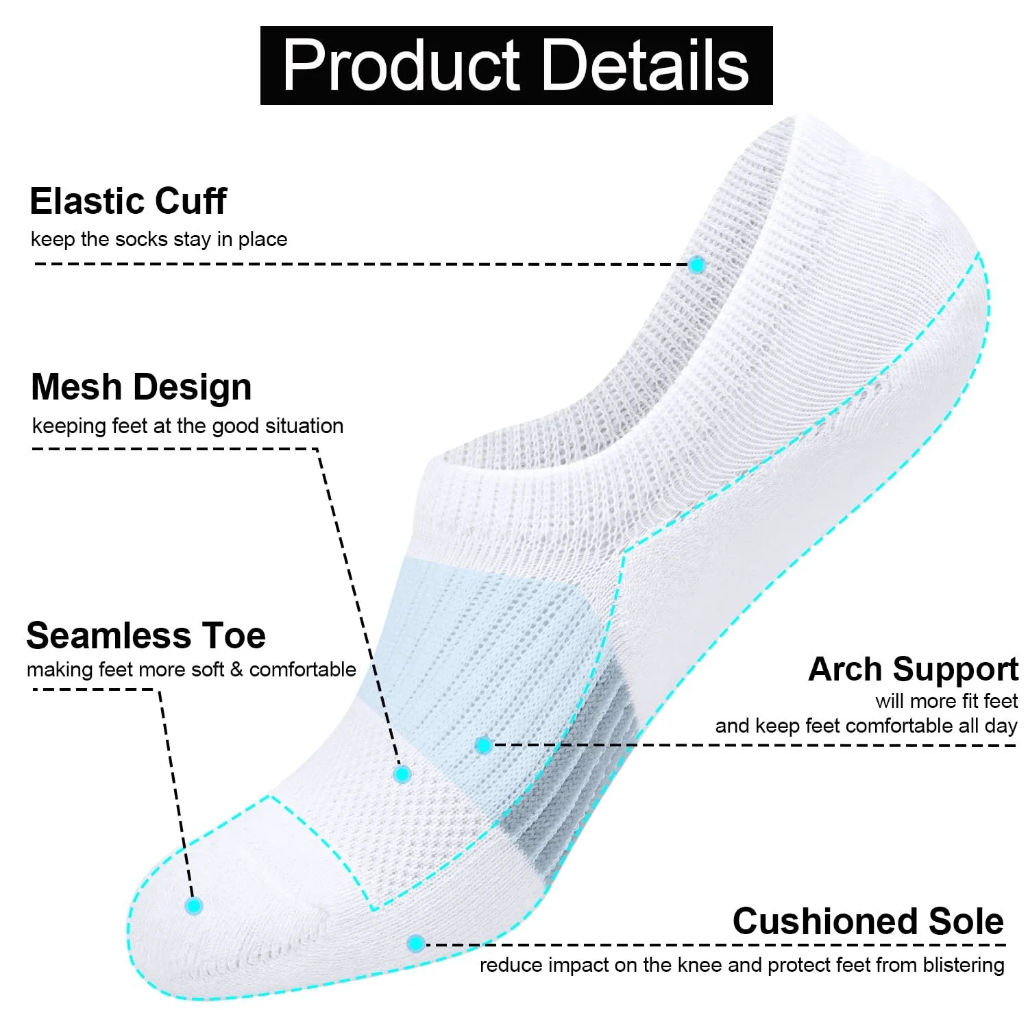 Носки Toes Home Sneaker 35-38 39-42, следки с силиконовой накладкой, спортивные носки, носки для бега, короткие носки с мягкой подкладкой, невидимые белые черные разноцветные, фото №2