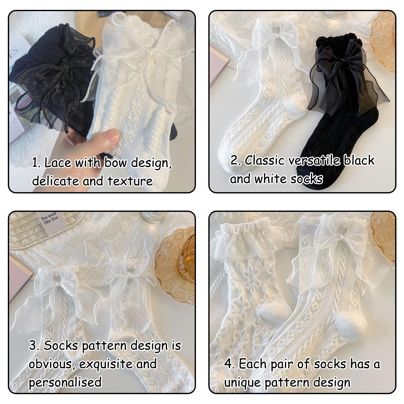 4 пари мереживних шкарпеток для жінок Lolita Ribbon Fairy з оборками, фото №3
