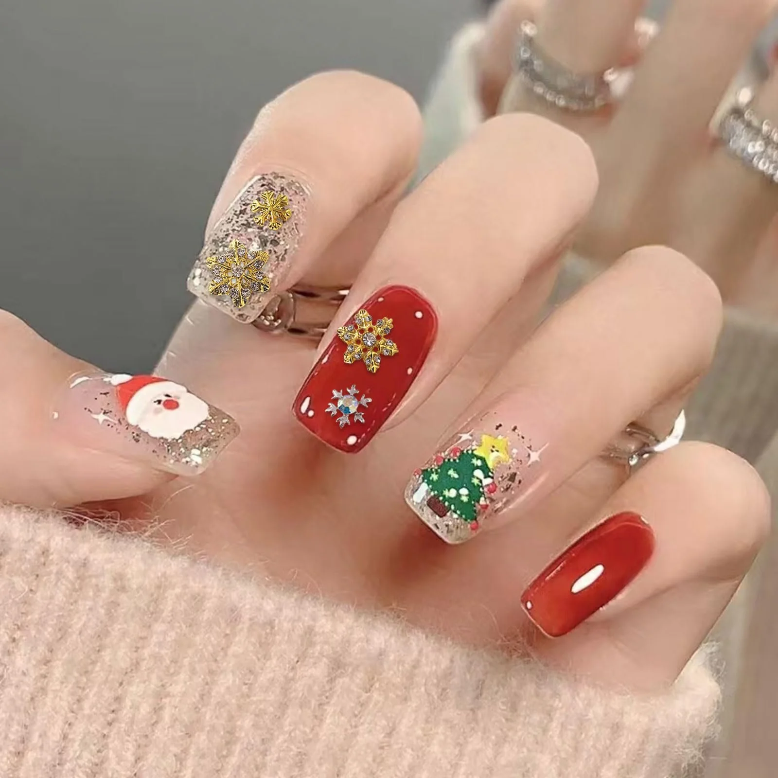 Прикрасы для ногтей Снежинки Рождественские, 60 шт., бисер Стразы Снежинки, Металл Золото Серебро Украшения для ногтей Аксессуары для маникюра для женщин и девушек, фото №6