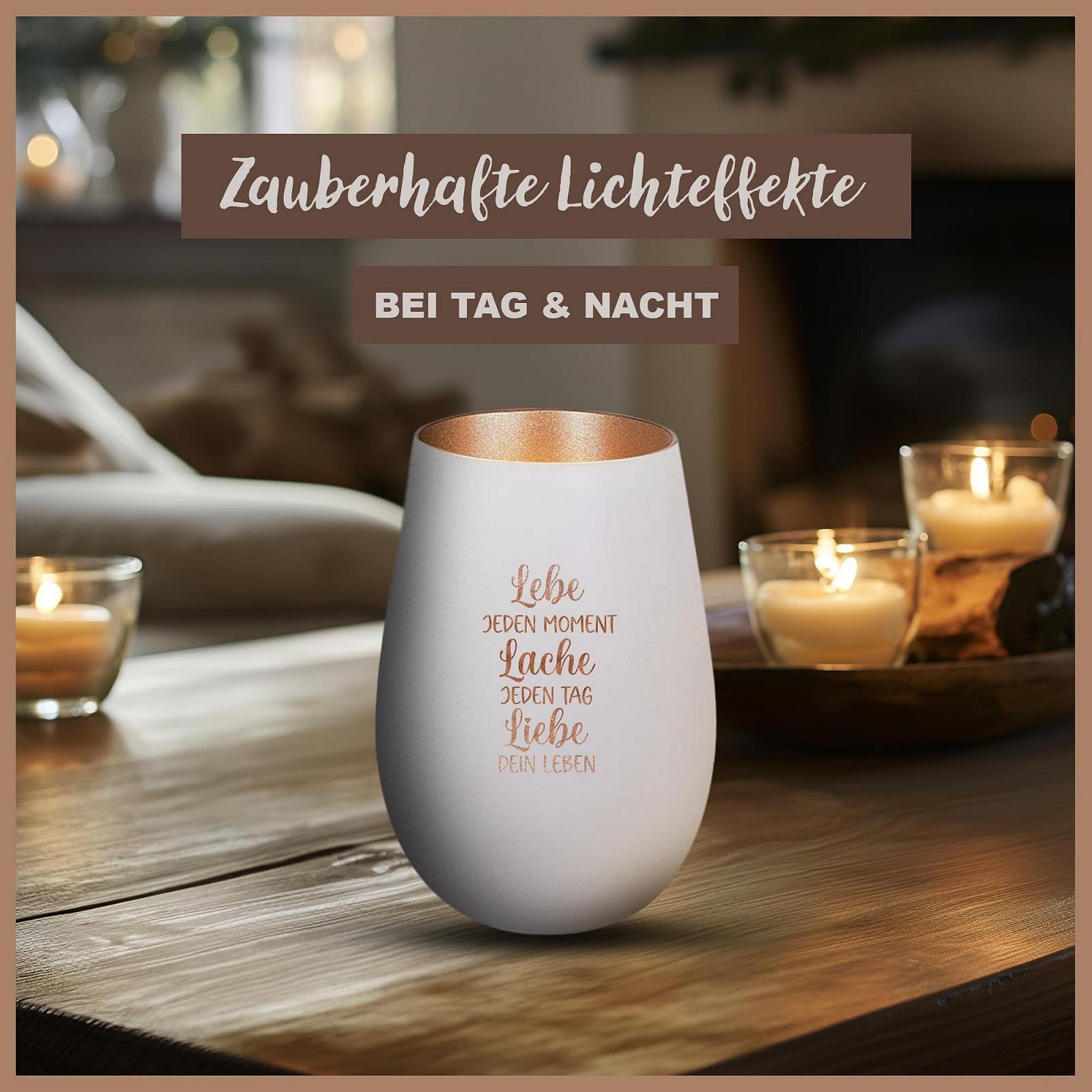 Свічник Der-Porzellan-Laden Скляний Лазерне Гравіювання Lebe jeden Moment Lache jeden Tag Білий Бронза, фото №6
