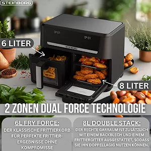 Мультипечь Steinborg XXL Hot Air Fryer Dual Zone 14 L (8L + 6L) 1700W 10 программ 60-200°C Black synthetic.ua - Фото 1