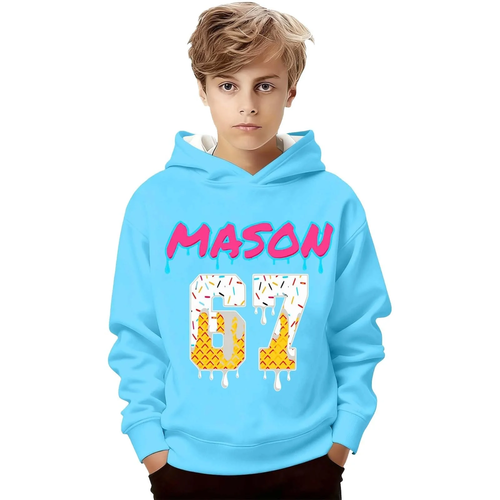 Худи Без бренда Толстовка с капюшоном для мальчиков и девочек, удобная, смешная, унисекс, Y2K, повседневная, с 67 принтами, хип-хоп, с длинными рукавами, уличный стиль, фото №2