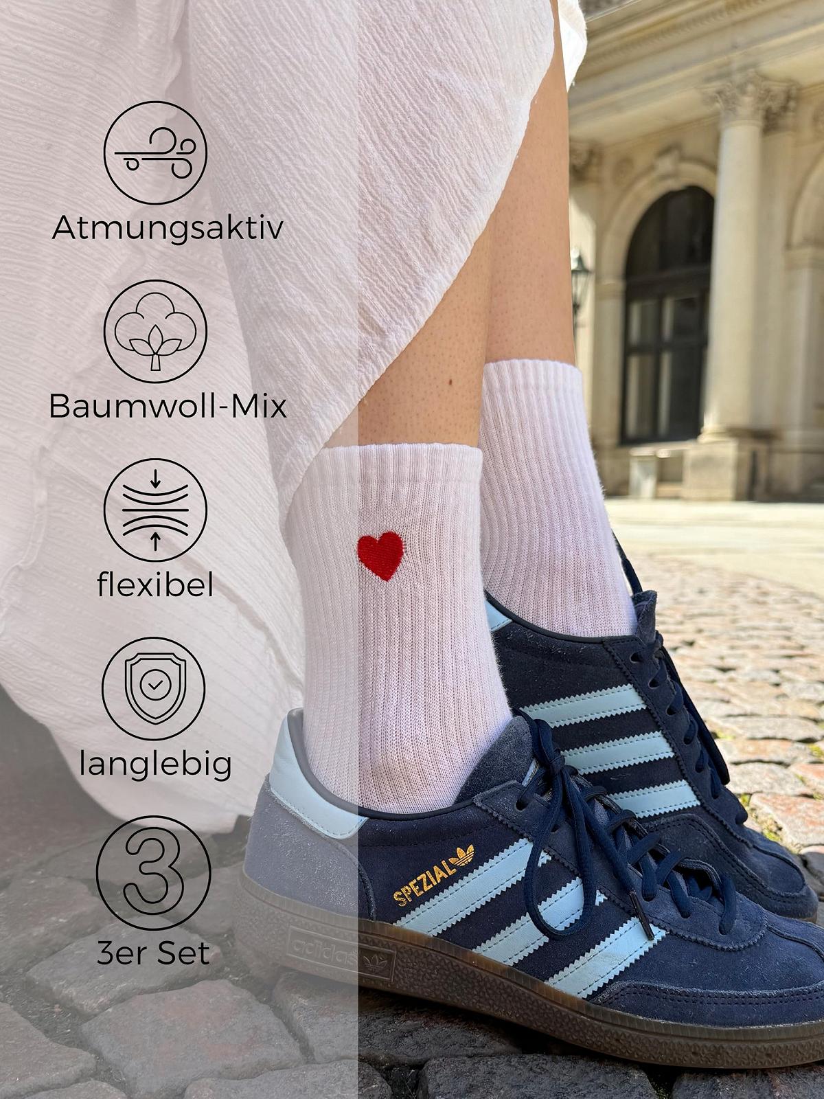 Теннисные носки Heart – Набор из 3 штук – Love Socks Women – Носки Crew с вышивкой – Ретро полоски розово-красные – Oekotex 100 Cotton, фото №3