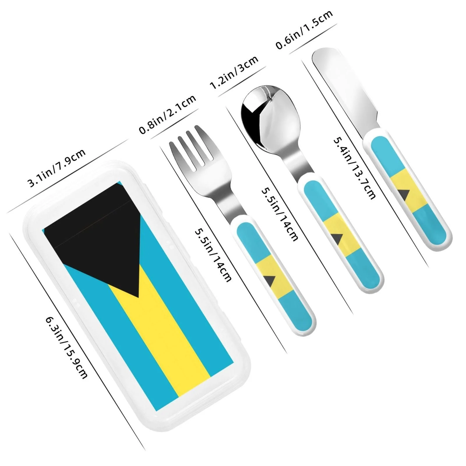 Дитячий набір столових приборів з трьох предметів з прапором Багамських островів багаторазовий, фото №3 Дитячий набір столових приборів з трьох предметів з прапором Багамських островів багаторазовий, фото №3