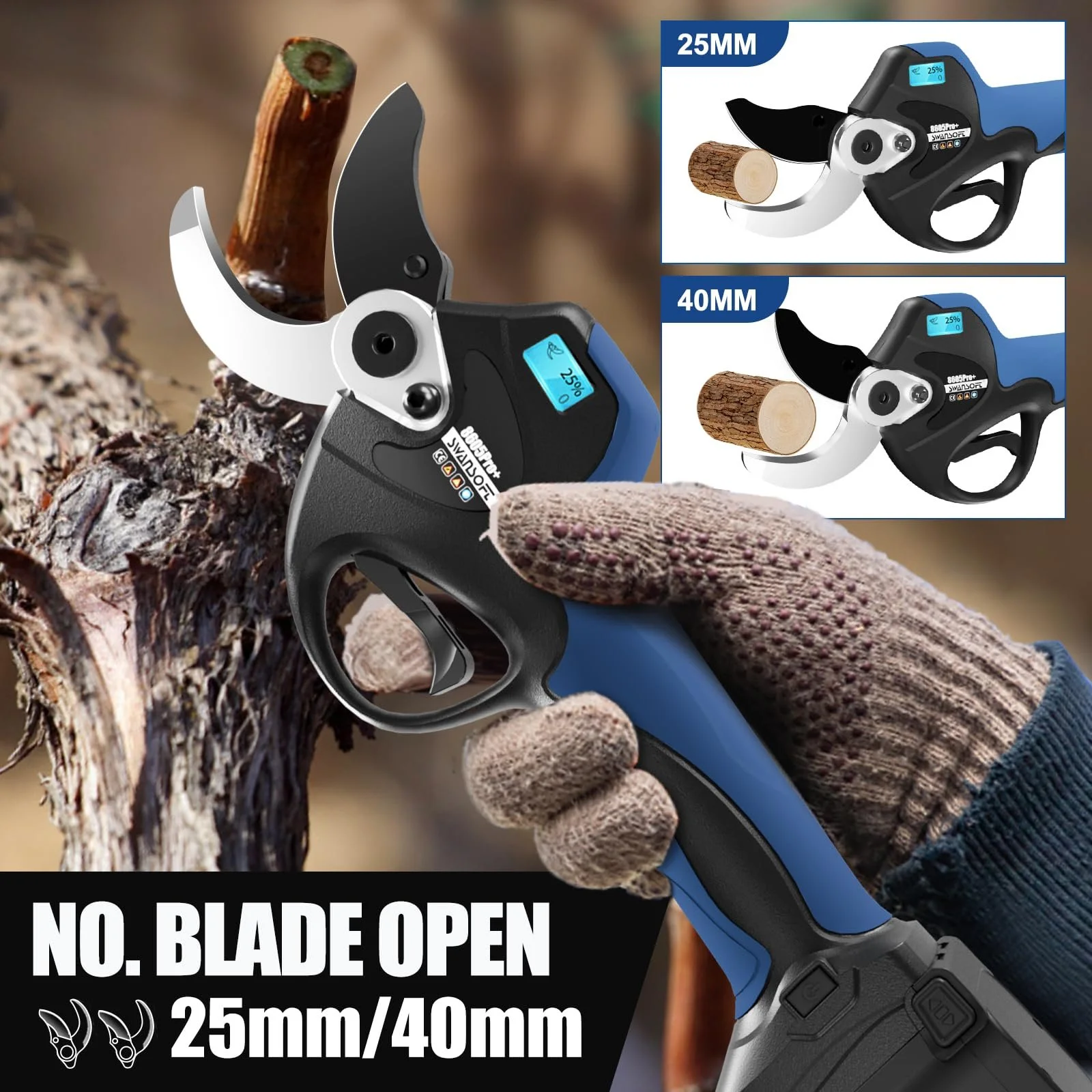 Секатор SWANSOFT акумуляторний 40 мм, 21 V, 2 x 4 Ah батареї, 1050 W професійний електричний секатор для саду, виноградників та фруктових садів 8605Pro, фото №2