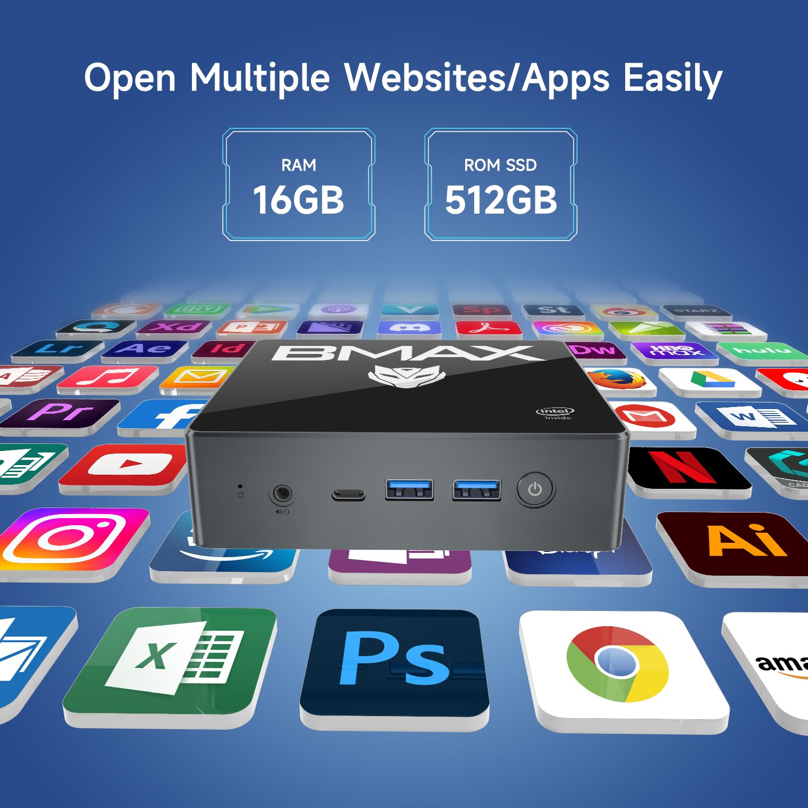 Мини ПК BMAX N100 16GB RAM/512GB SSD 12th Intel Alderlake-N Win 11 Pro B4Plus выход 4K UHD, тройной дисплей, HDMI*2, Type-C*1, USB 3.0 ×2, USB 2.0 ×2 BT 5.2, фото №3