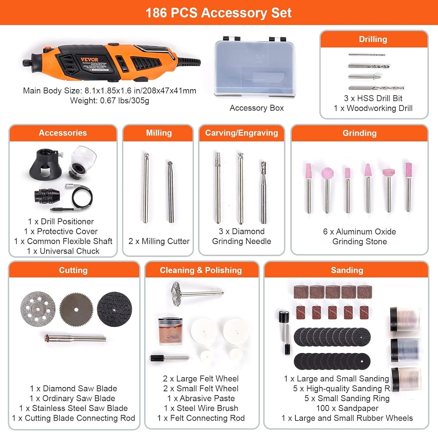 Электро шлифовальная машина VEVOR DM-160C с аксессуарами / 170 Вт / 8.000-35.000 об/мин / Бесщеточный / Оранжево-черный, фото №9 Электро шлифовальная машина VEVOR DM-160C с аксессуарами / 170 Вт / 8.000-35.000 об/мин / Бесщеточный / Оранжево-черный, фото №9