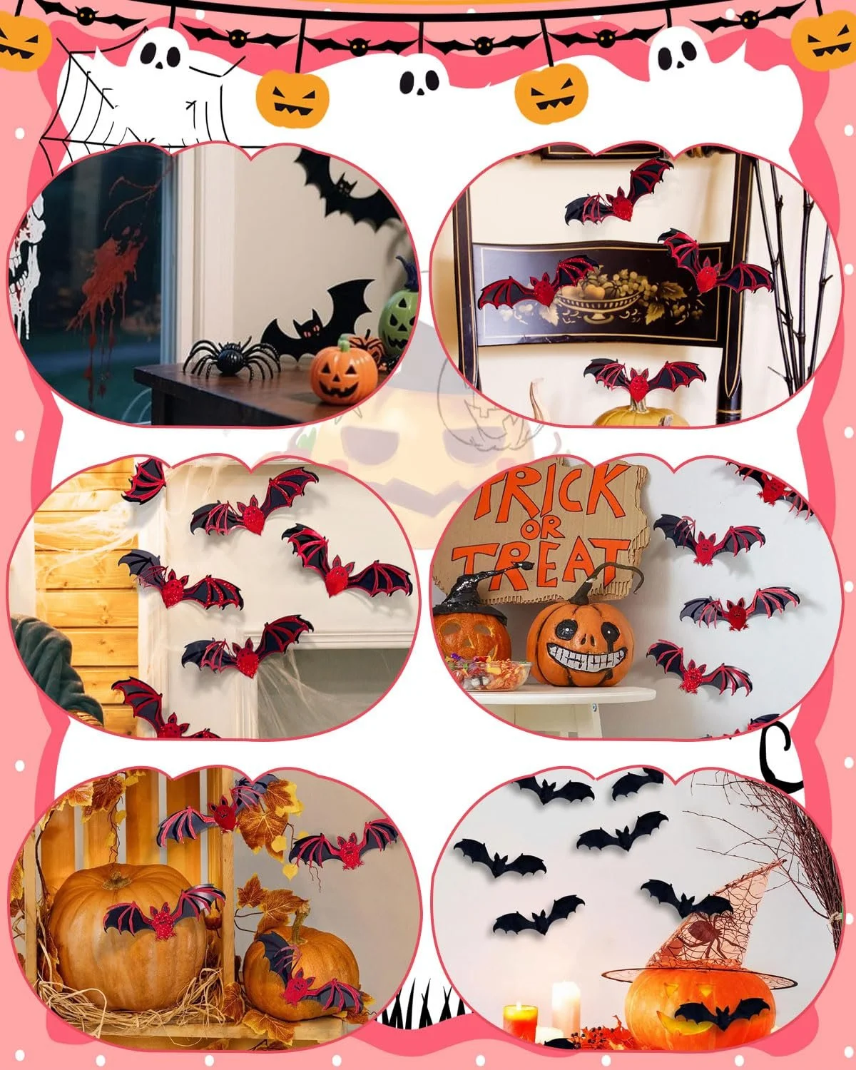 3D-наклейки на стіну Halloween Bats 24 шт. Чорний та Червоний, фото №6