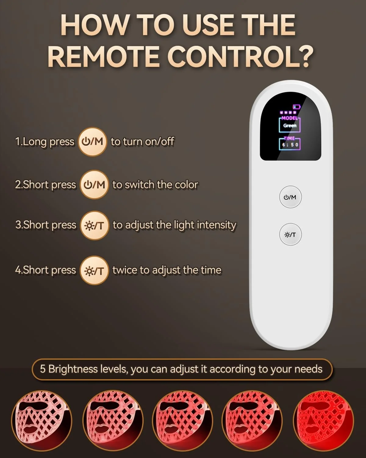 LED Маска KIMTAR для лица, светотерапия красным светом для лица в 7 цветах, 5 уровней яркости, фото №4