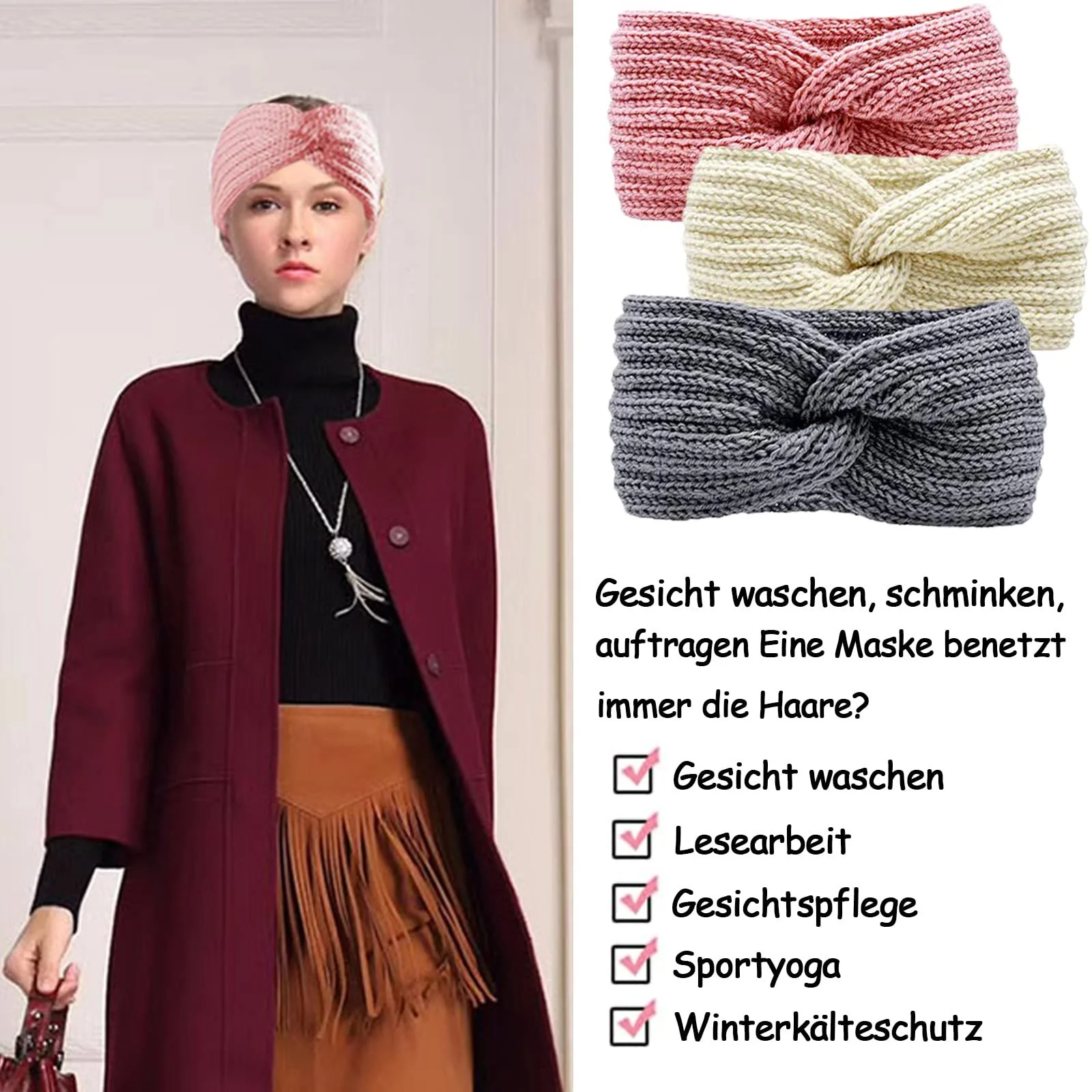 В'язана Зимова Пов'язка на Голову Beige + Grey + Pink, фото №3