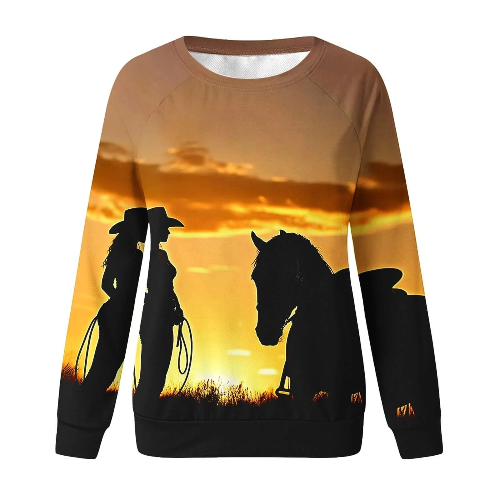 Рубашка с длинными рукавами Komiseup Basic, круглый вырез, свободный свитер без капюшона, западный ковбойский принт, праздничная спортивная рубашка, модный топ с принтом лошади, подростковая девушка, уличная одежда 08, фото №4