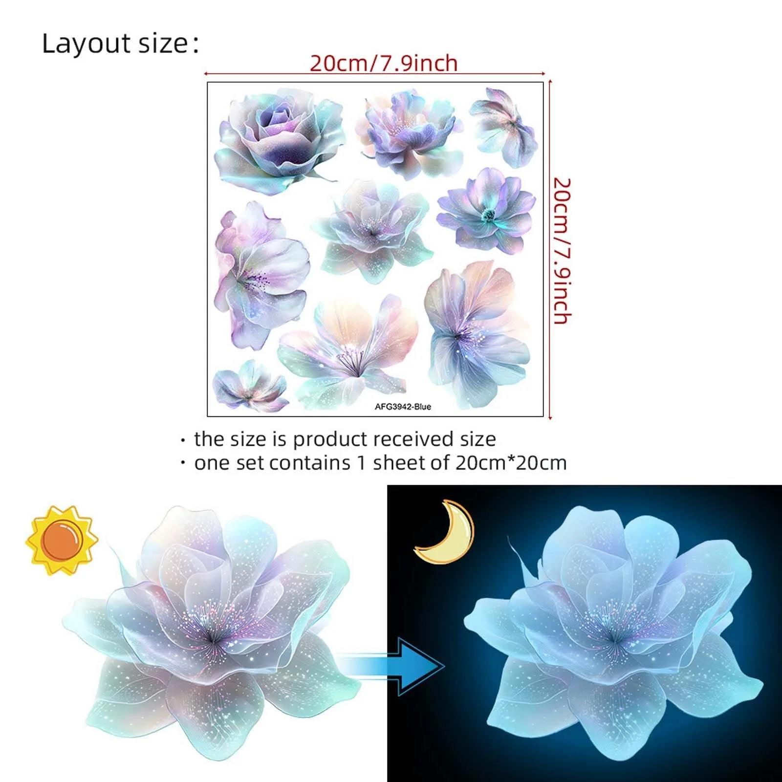 Наклейки на стену Luminous Flowers 9 штук Голубые, фото №2