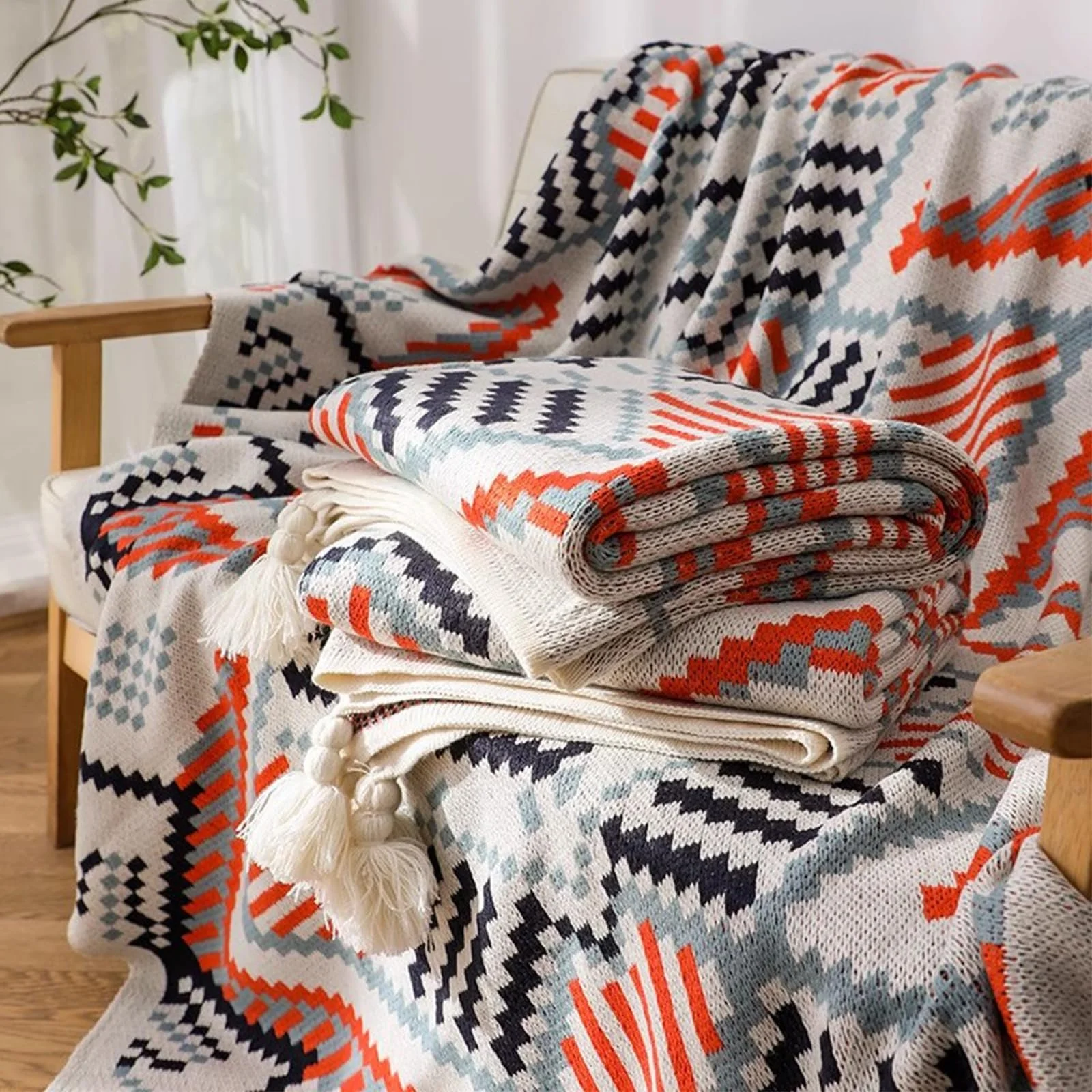 Покривало Balakaka Boho 130 x 170 см, геометричний візерунок, з бахромою, фото №6