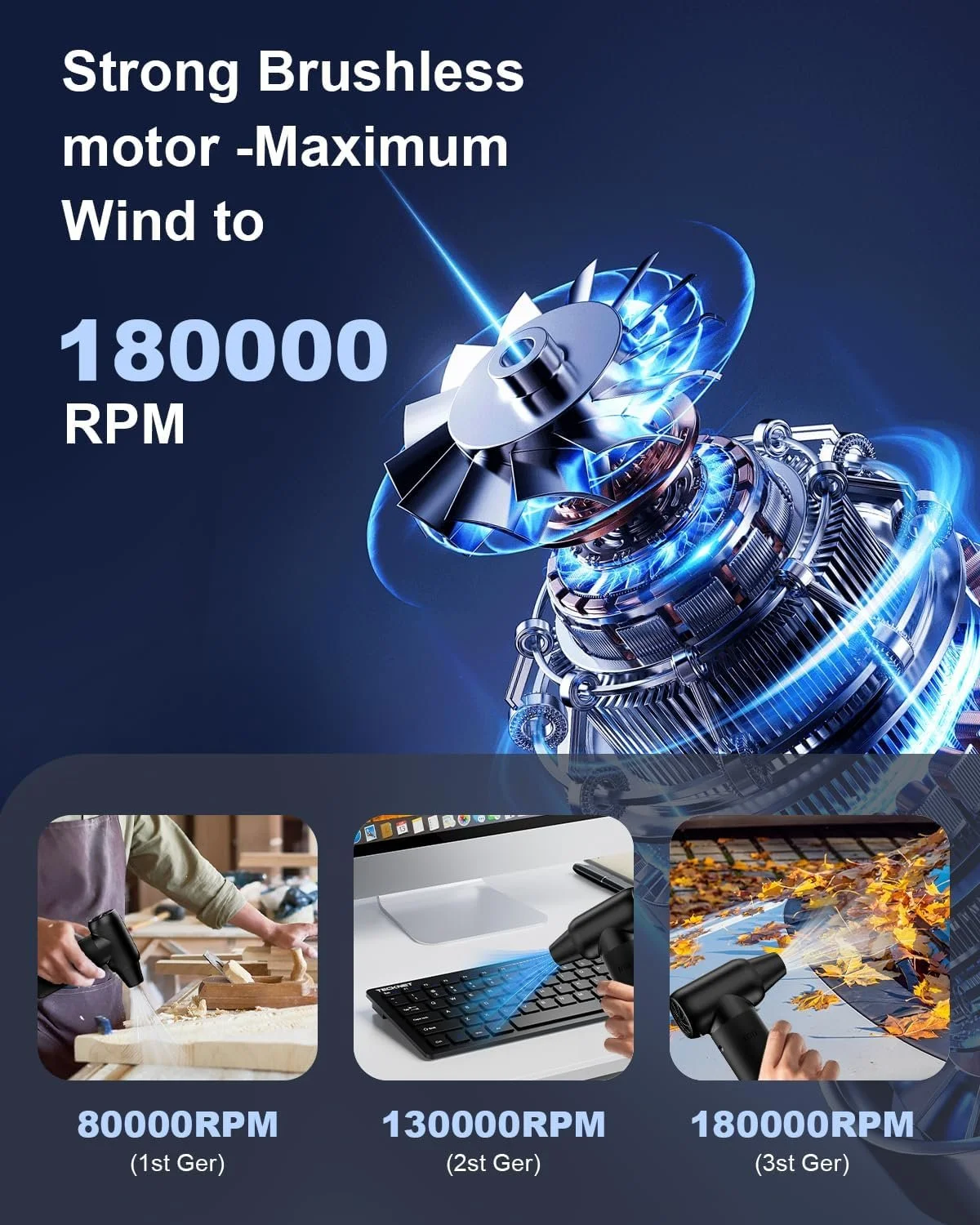 Аккумуляторная воздуходувка 180,000 RPM 3 скорости 9000 mAh USB-C, фото №3