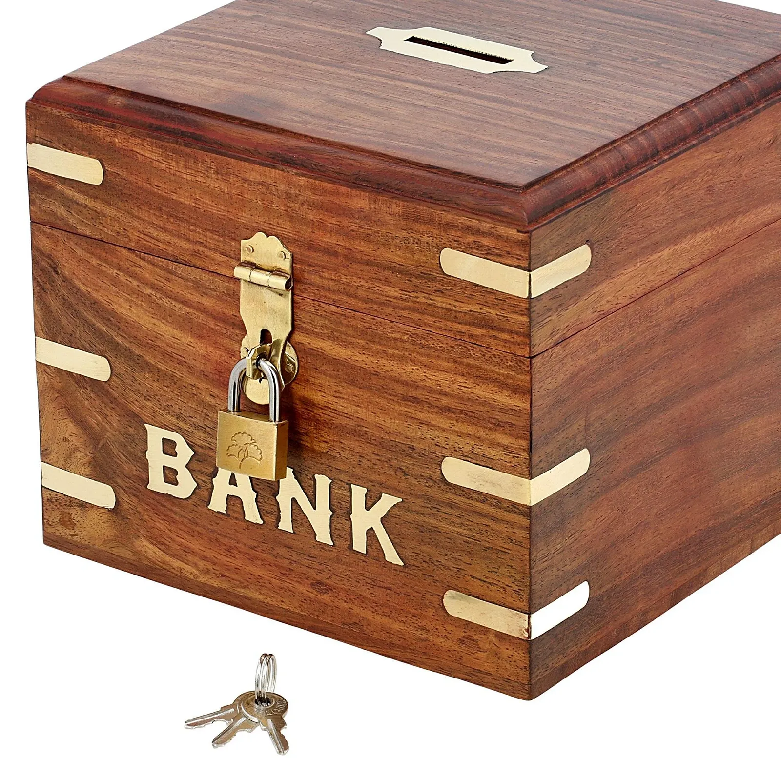 Скарбничка Ajuny дерев'яна квадратна з замком та ключем 15.2х15.2 см коричнева, фото №5