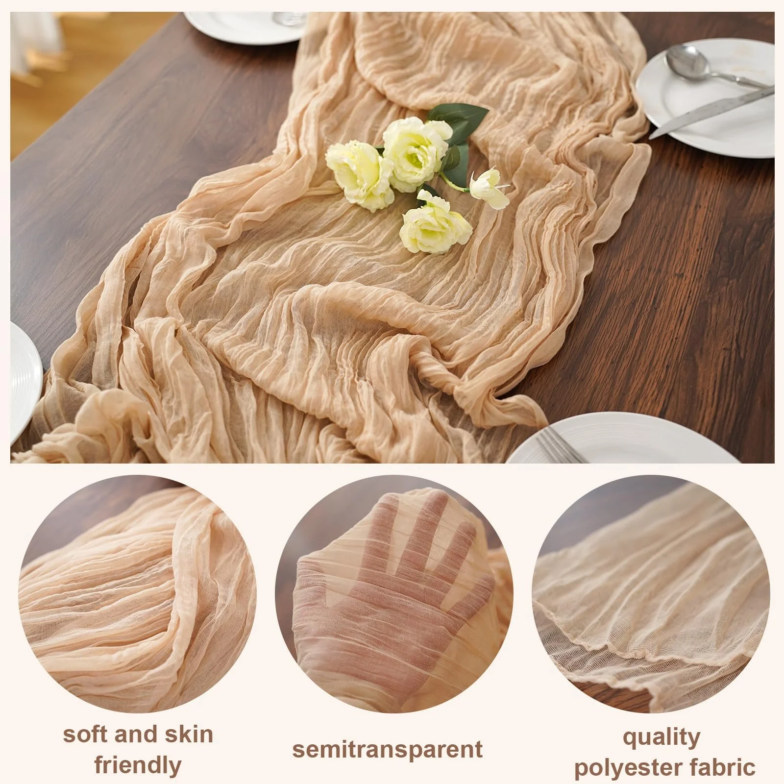 Серветка-доріжка YRYUNRUI Boho 90 x 300 см Cheesecloth 6 шт. Бежева, фото №3 Серветка-доріжка YRYUNRUI Boho 90 x 300 см Cheesecloth 6 шт. Бежева, фото №3