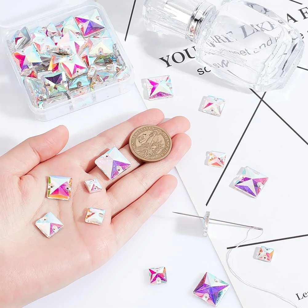 Квадратні стрази для пришивання 75 штук, 5 розмірів, плоска задня частина, скляні з'єднувальні перлини, фото №3