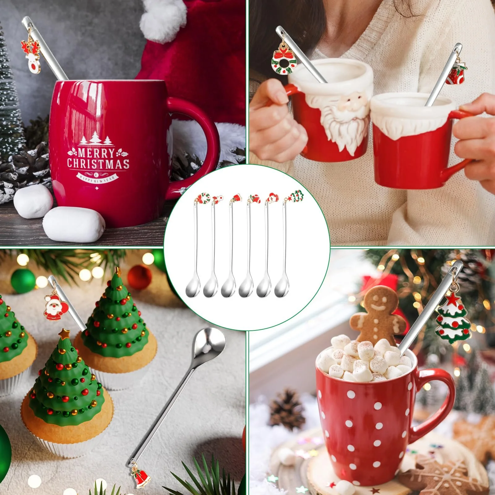 Ложка Кавова HOWAF Різдвяна Набір 6 штук з нержавіючої сталі з різдвяним кулоном Срібна, фото №5
