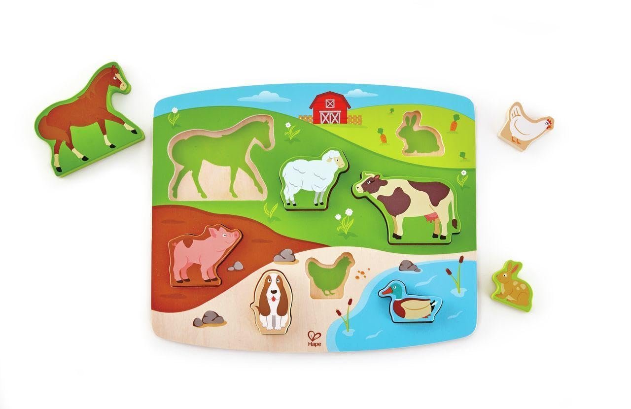 Дерев'яний пазл Hape HAP-E1454 Farm Animal Puzzle & Play різнокольоровий 5'' x 2'', фото №5