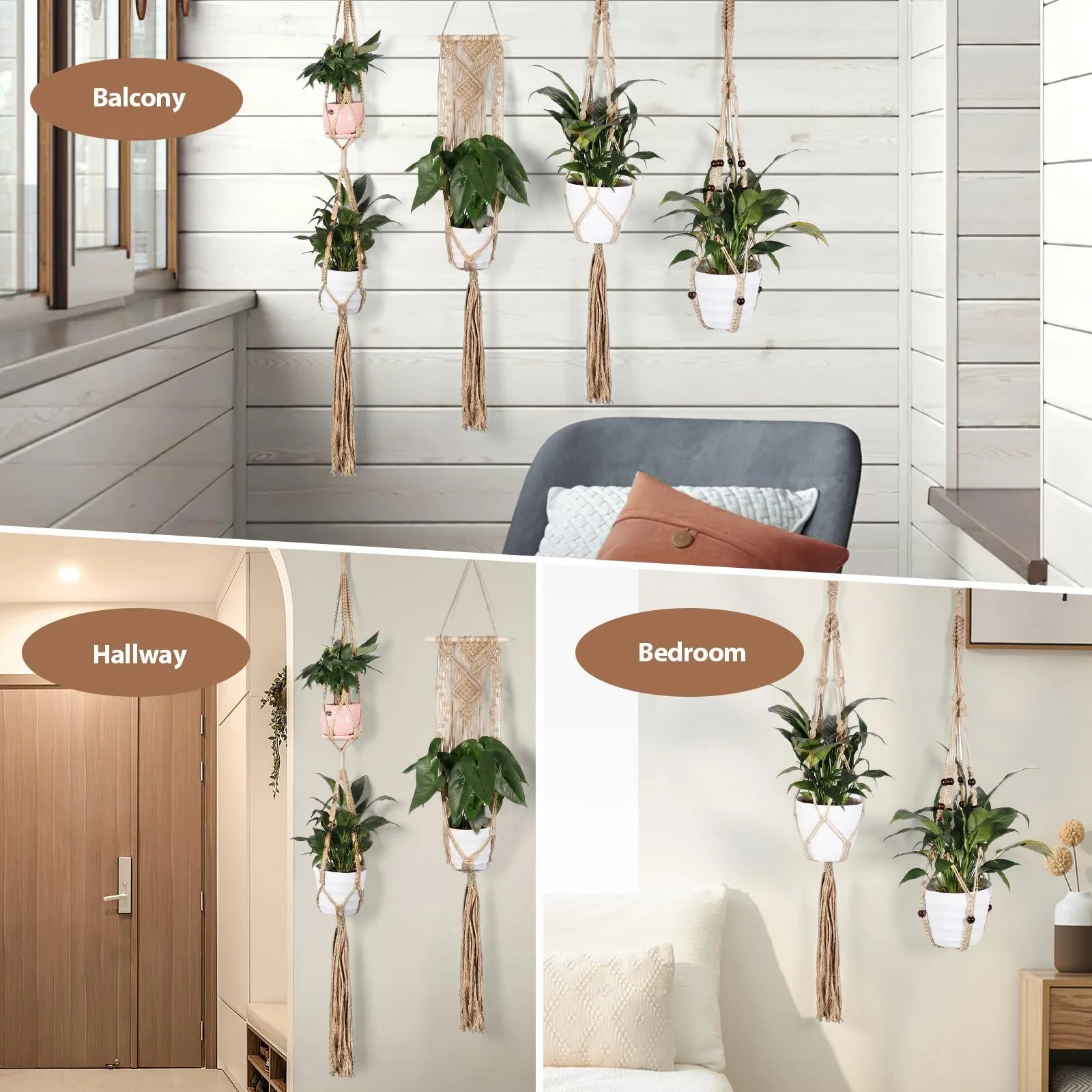 Підвісні кошики макраме Набір із 4 штук Бавовняна мотузка з гачками Коричневий, фото №8