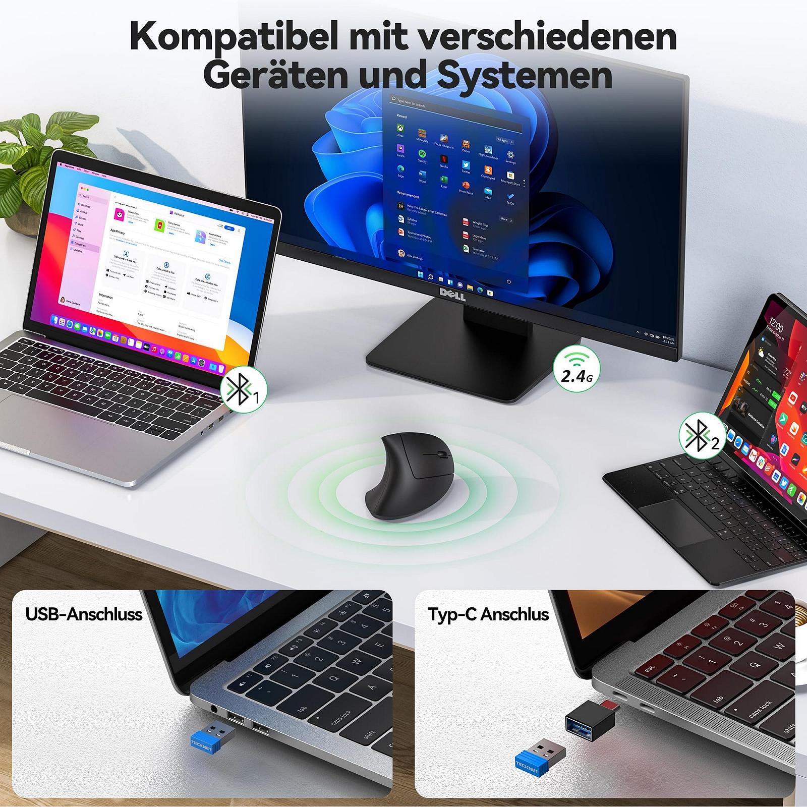 Миша TECKNET Бездротова Bluetooth Ергономічна Вертикальна з USB-C адаптерами 4800 DPI Оптична Тиха 6 Кнопок, фото №3