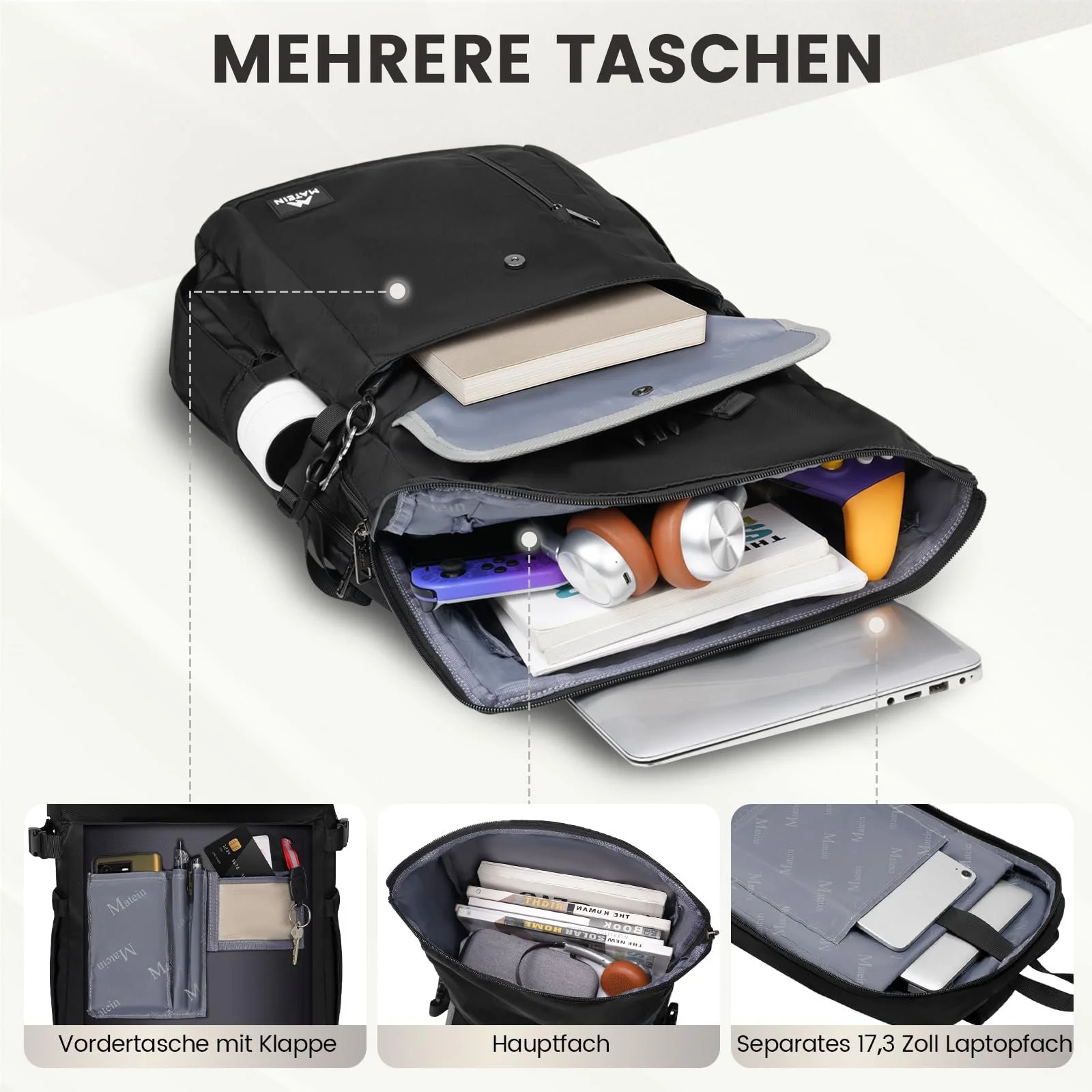 Рюкзак для ноутбука MATEIN Rolltop Мужской Водонепроницаемый 36 л 17.3 дюйма с USB и RFID Черный, фото №6 Рюкзак для ноутбука MATEIN Rolltop Мужской Водонепроницаемый 36 л 17.3 дюйма с USB и RFID Черный, фото №6