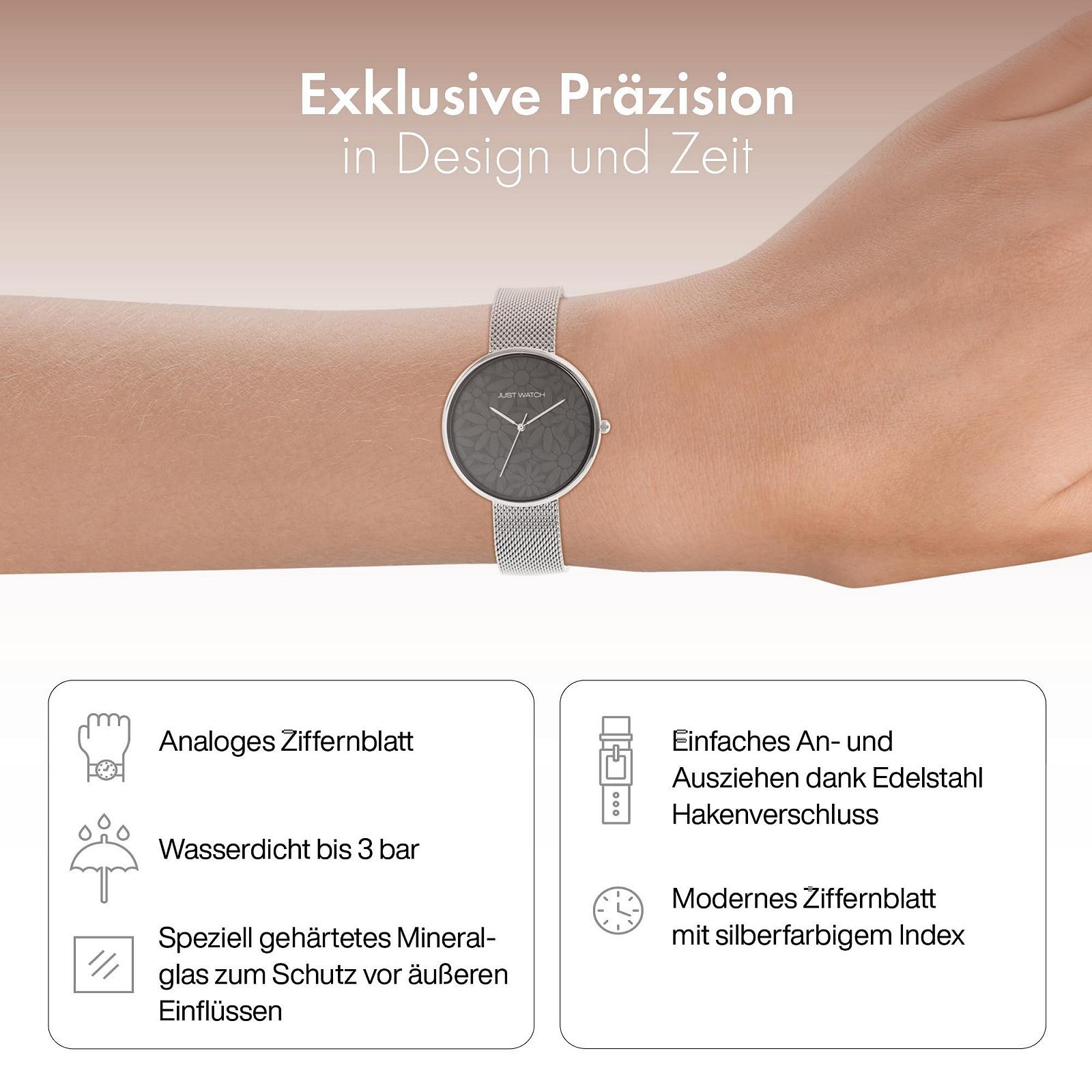 Женские часы JUST WATCH Floriane JW10182 Аналоговый Кварц Стальной Сетчатый Ремешок Цветы, фото №3