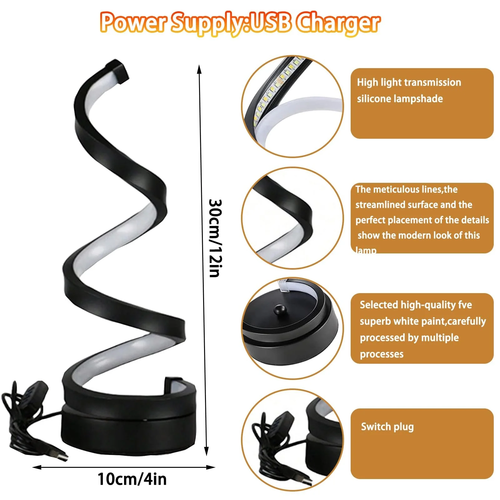 Настільна лампа LED Spiral Design Dimmable USB Чорна 12 x 4 дюйми, фото №2