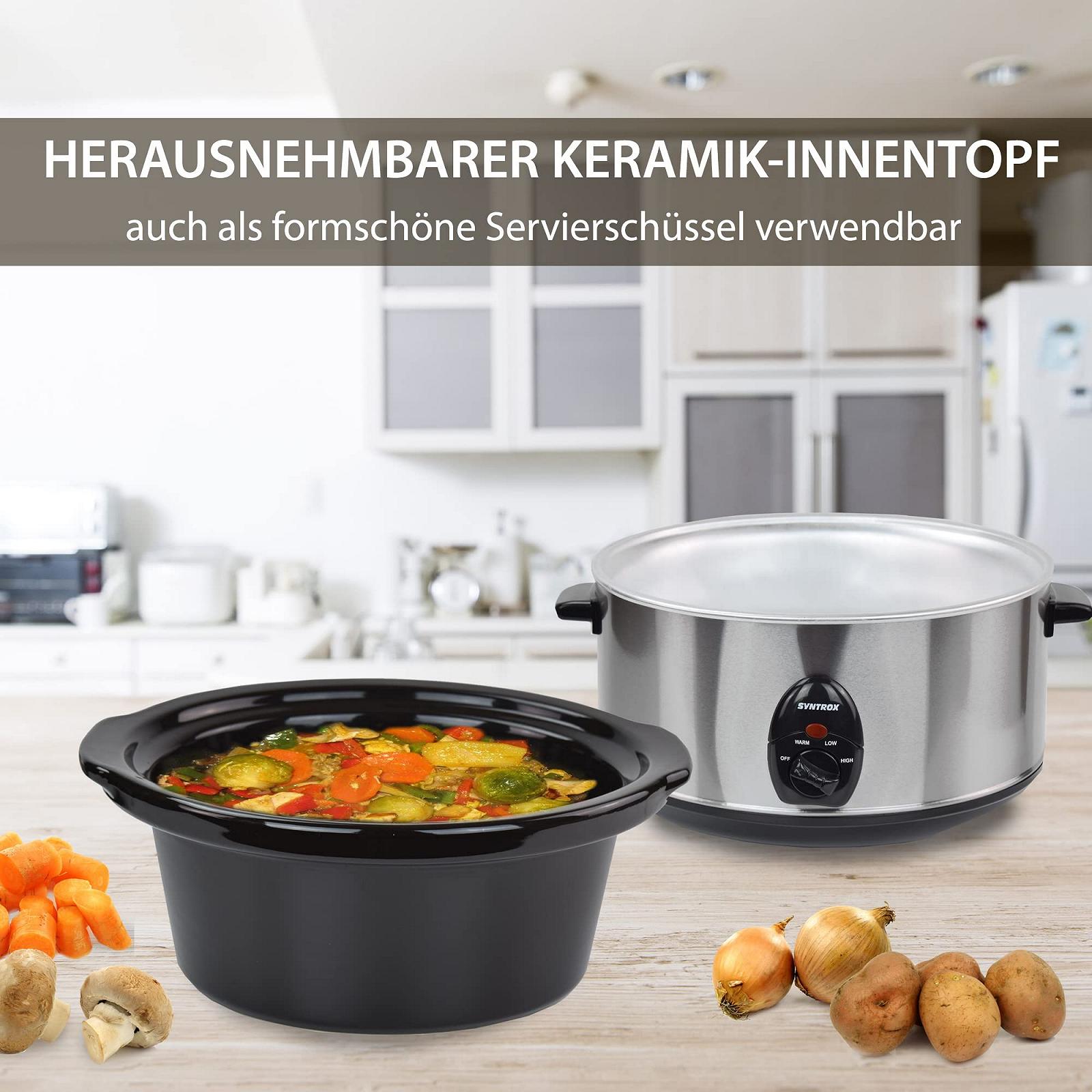Мультиварка Syntrox Germany Slow Chef SC-450M_Deli 4,5 Літра з функцією підігріву, скляна кришка та міцна керамічна чаша - 280 Ват, Нержавіюча сталь, фото №5
