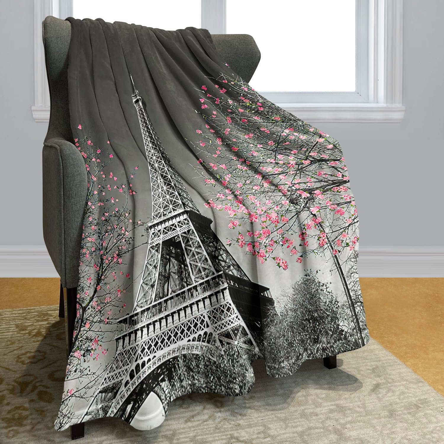 Одеяло YISUMEI Мягкое фланелевое одеяло Кровать Париж Эйфелева башня Цветы, 150 x 200 см, фото №2