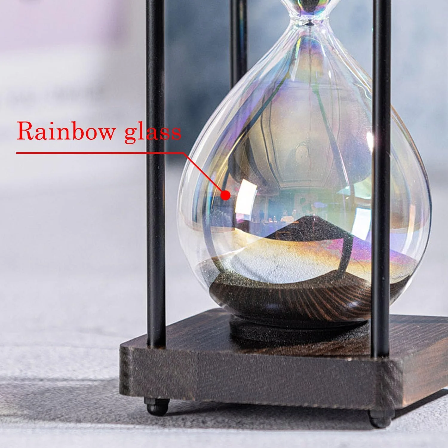Пісочний годинник Rainbow 60 хвилин Дерев'яна рама Веселкове скло Чорний пісок, фото №3 Пісочний годинник Rainbow 60 хвилин Дерев'яна рама Веселкове скло Чорний пісок, фото №3