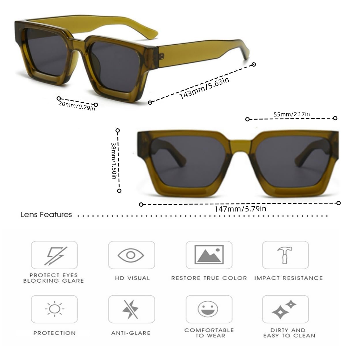 Вінтажні прямокутні сонцезахисні окуляри для жінок і чоловіків Chunky Rectangle Retro Brille UV-Schutz, фото №3 Вінтажні прямокутні сонцезахисні окуляри для жінок і чоловіків Chunky Rectangle Retro Brille UV-Schutz, фото №3