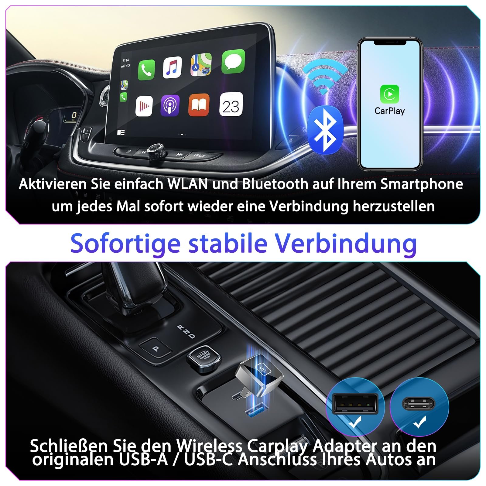Адаптер CarPlay Беспроводной Mini для Apple, обновление 2025, преобразует проводной CarPlay в беспроводной для iPhone, USB C/A Plug and Play только для iOS 10+, фото №3