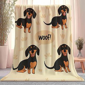 Одеяло Мягкое для дивана 130 x 150 см, Мягкое теплое с мультяшным щенком и буквами, с принтом, черно-коричневое - Фото 1