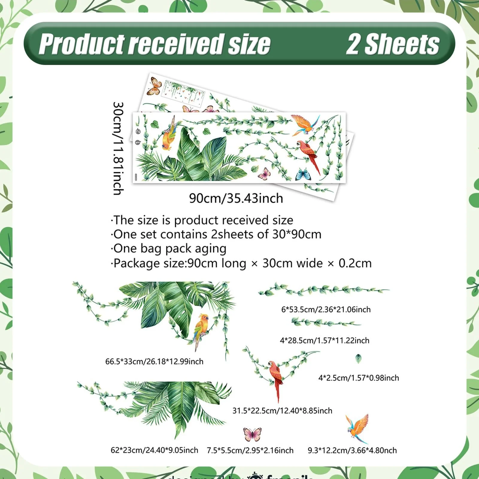 Наклейка на стіну Тропічне листя пальми та ліана ПВХ Матова 2 шт. 30 x 90 см, фото №2 Наклейка на стіну Тропічне листя пальми та ліана ПВХ Матова 2 шт. 30 x 90 см, фото №2