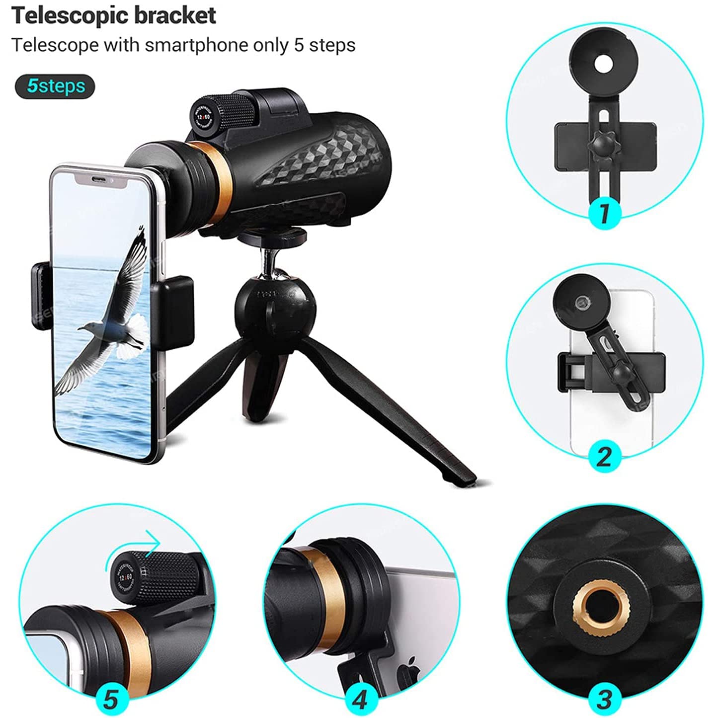 Монокуляр HZYDD 18x62 HD з утримувачем для смартфона, штативом, водонепроникний, фото №6 Монокуляр HZYDD 18x62 HD з утримувачем для смартфона, штативом, водонепроникний, фото №6