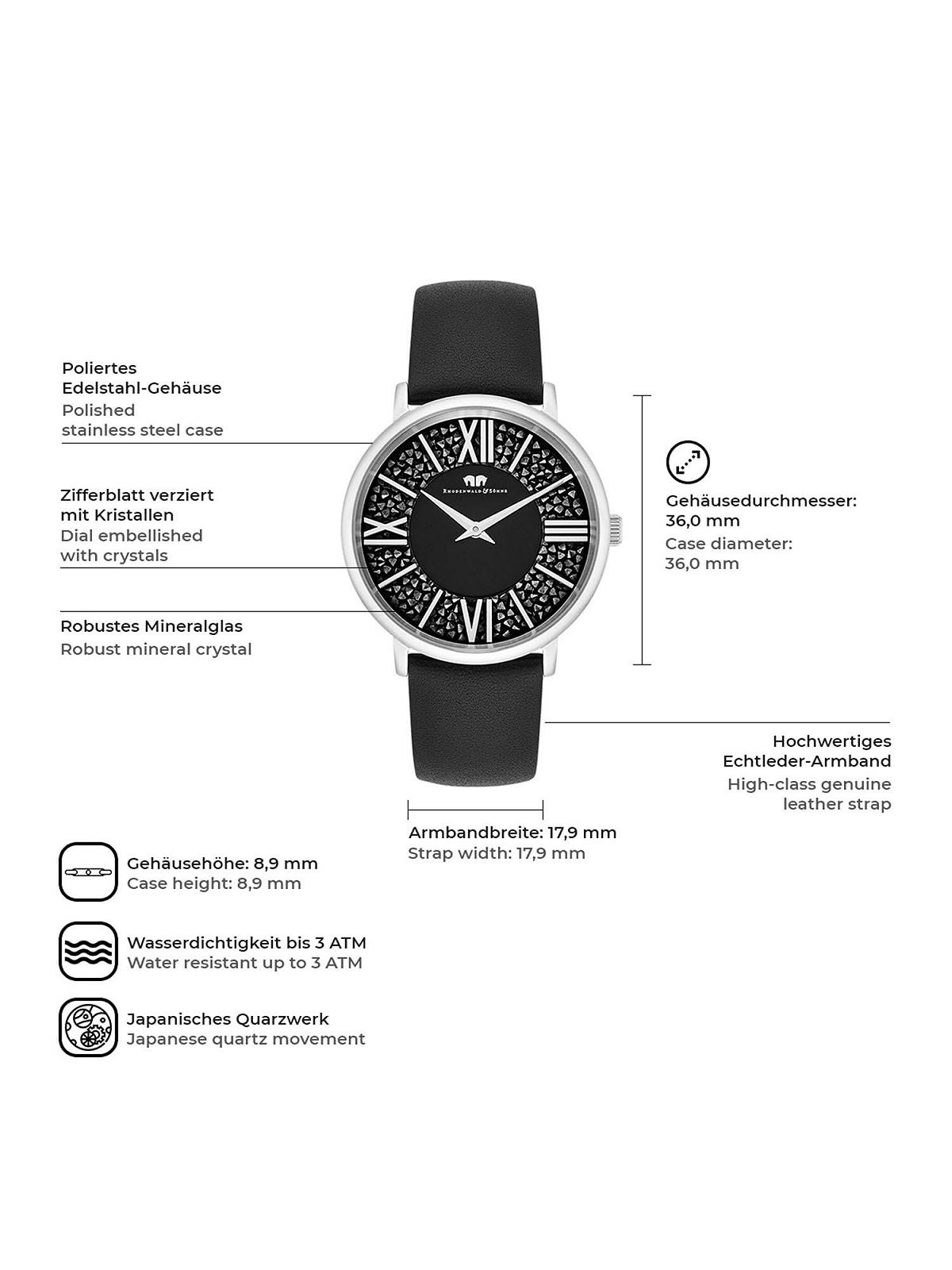 Жіночий годинник Rhodenwald & Söhne 10010329 Аналоговий Японський кварцовий Чорний шкіряний ремінець, прикрашений кристалами, сріблястий, без візерунка, фото №7