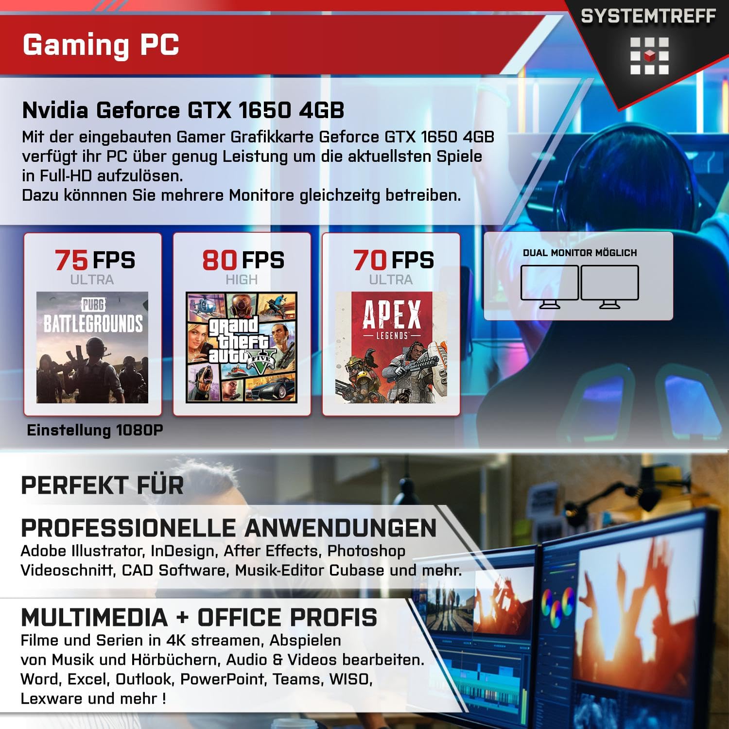 Комп'ютер SYSTEMTREFF Basic Gaming PC AMD Ryzen 5 5500 6x4.2GHz Nvidia Geforce GTX 1650 4GB 1TB M.2 NVMe 16GB DDR4 RAM WLAN, фото №5