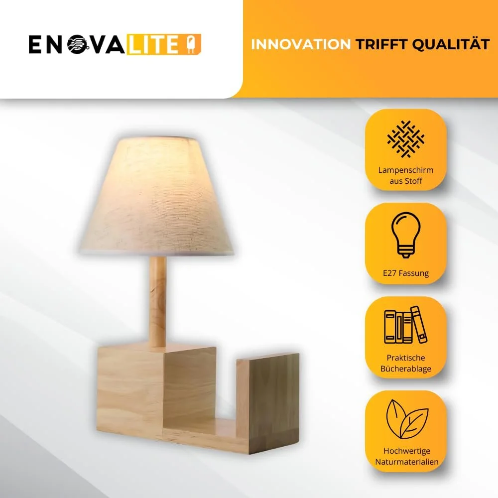Настільна лампа дерев'яна з полицею для книг та тканинним абажуром 30 x 40 x 22 см E27, фото №2