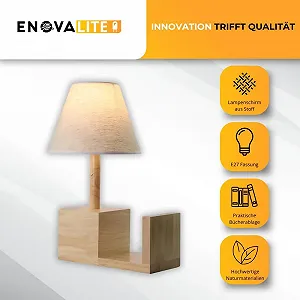 Настільна лампа дерев'яна з полицею для книг та тканинним абажуром 30 x 40 x 22 см E27 synthetic.ua - Фото 1