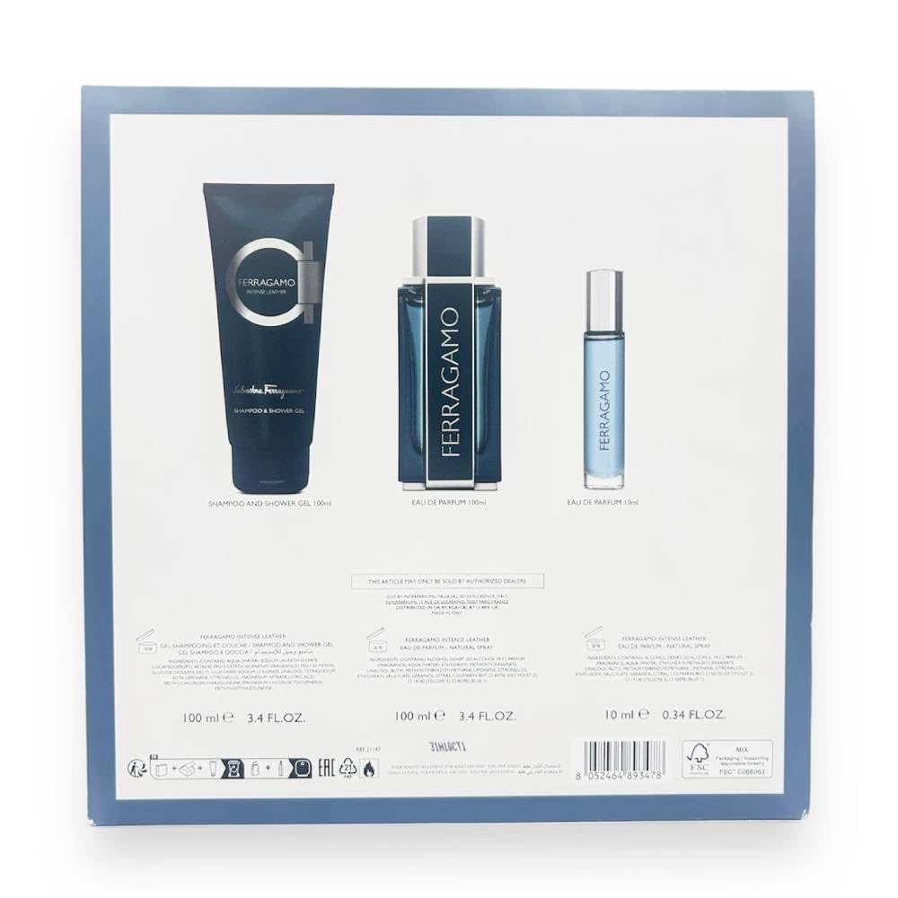 Парфюм Salvatore Ferragamo Intense Leather Pour Homme Подарочный набор Мужской Eau De Parfum 100 мл Шампунь Гель 100 мл Дорожный парфюм Eau De Parfum 10 мл, фото №2