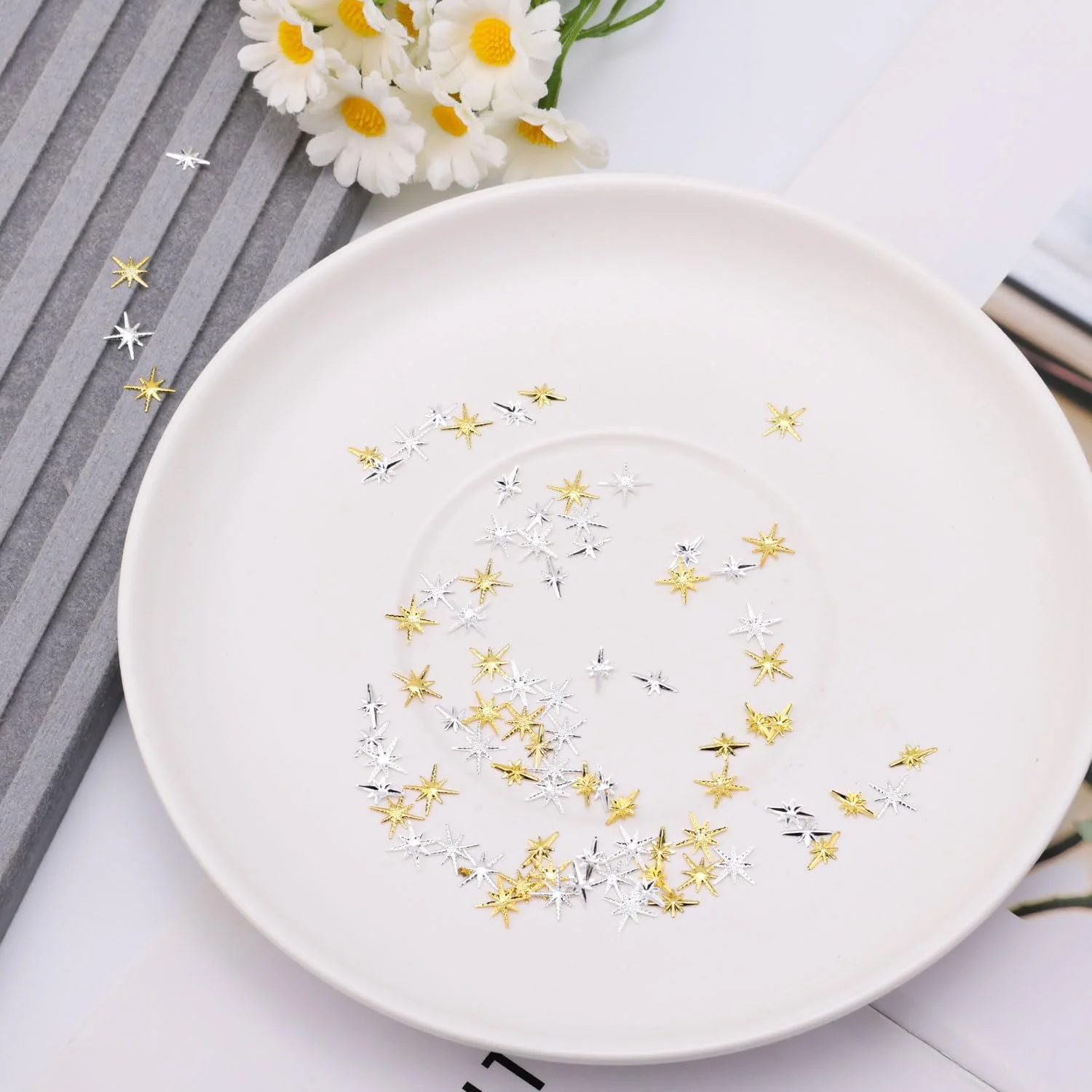 Подвески звёздочки для ногтей, 400 шт, 6 стилей, 3D украшения для ногтей, золотой, серебряный, фото №4