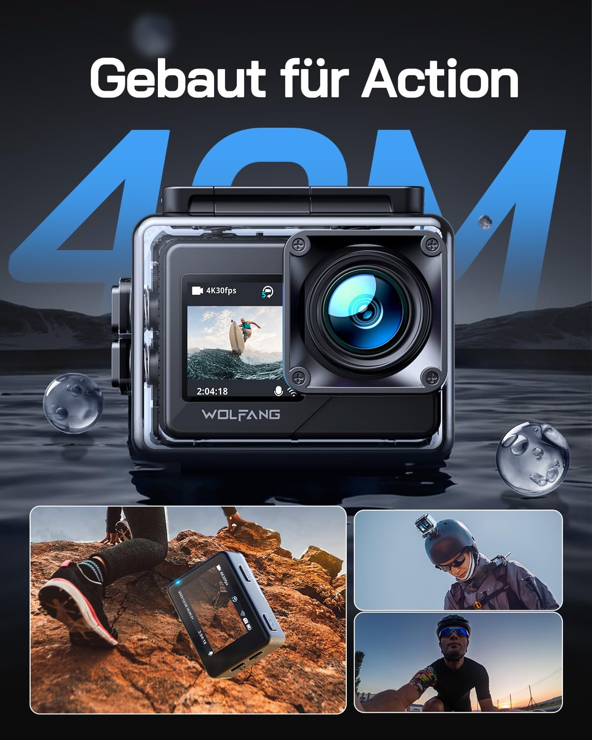 Экшн-камера WOLFANG GA120 4K 20MP WiFi, подводная камера 40 м, 170° широкоугольная, с двумя экранами, стабилизацией изображения ICE и комплектом аксессуаров для крепления на шлем, фото №3