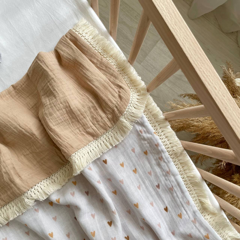 Плед муслин жатка Сердечки беж и бахрома 80х100, фото №3 Плед муслин жатка Сердечки беж и бахрома 80х100, фото №3