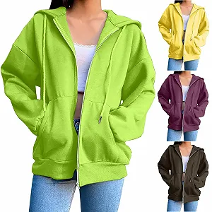 Женская Толстовка с капюшоном Спортивная Oversize Длинная Уличный стиль Повседневная На шнуровке На молнии Pilou Однотонная - Фото 1