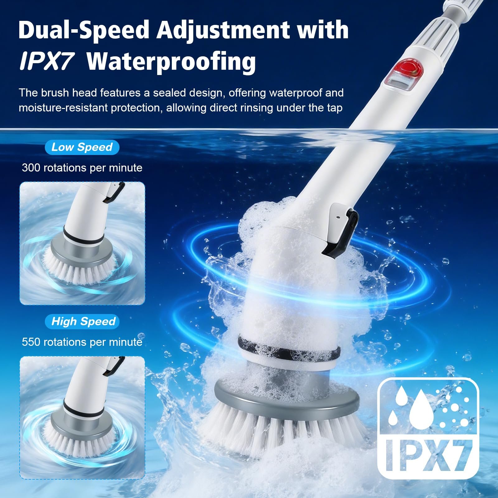 Электрическая щетка для чистки Electric Spin Scrubber 7 в 1 аккумуляторная с регулируемой ручкой IPX7 2 скорости, фото №4 Электрическая щетка для чистки Electric Spin Scrubber 7 в 1 аккумуляторная с регулируемой ручкой IPX7 2 скорости, фото №4