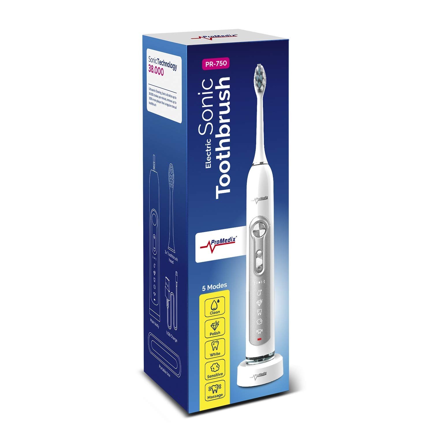 Звуковая зубная щетка Promedix PR-750 Diamond Smile, водонепроницаемая IPX7, электрическая, беспроводная, 5 режимов, таймер, 3 уровня мощности, 3 насадки, белая или черная, фото №5