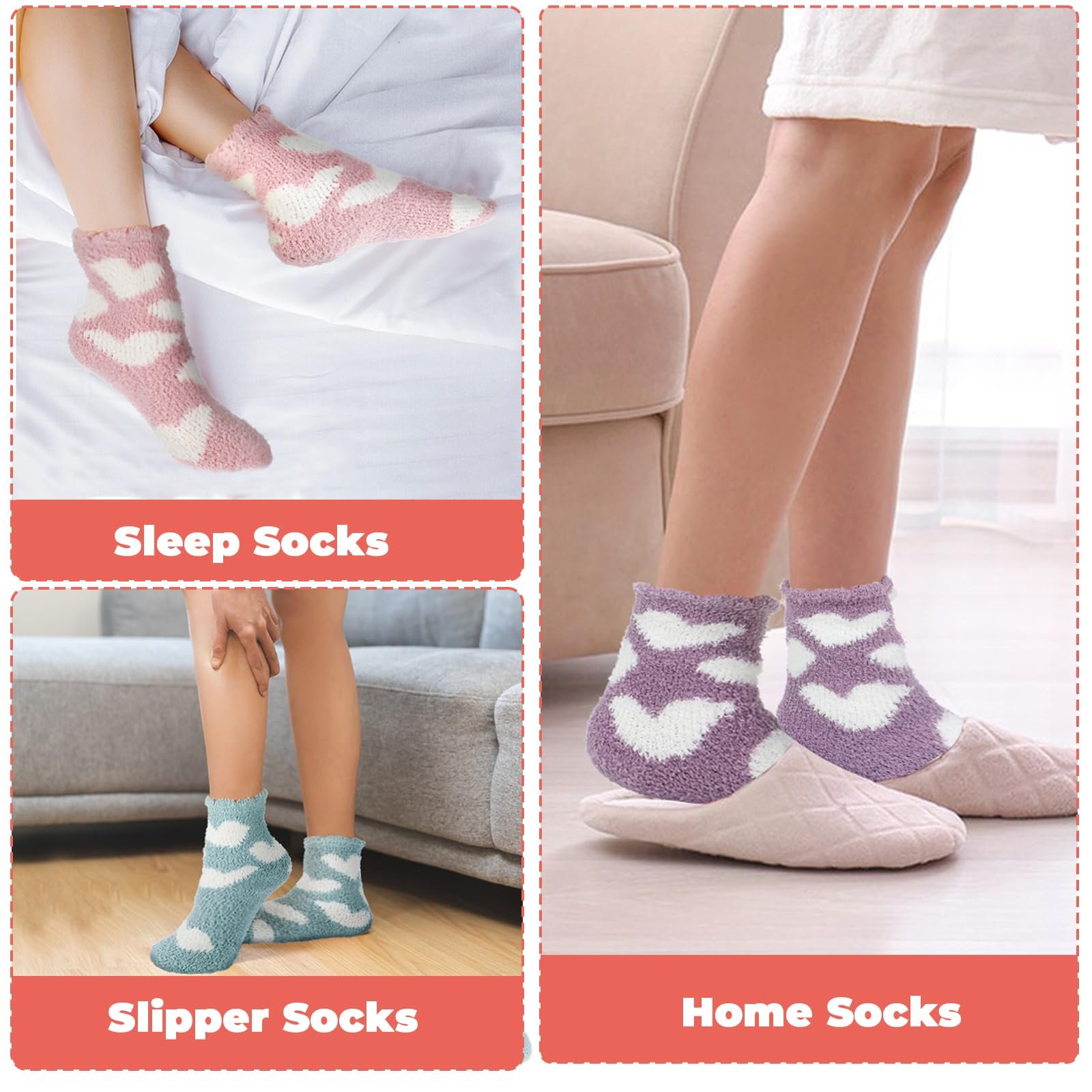 Носки Abeillo, 3 пары, Пушистые носки из кораллового флиса, Зимние носки, Теплые эластичные носки для сна, Домашние носки для зимы, Рождественские (Узор сердца), фото №5