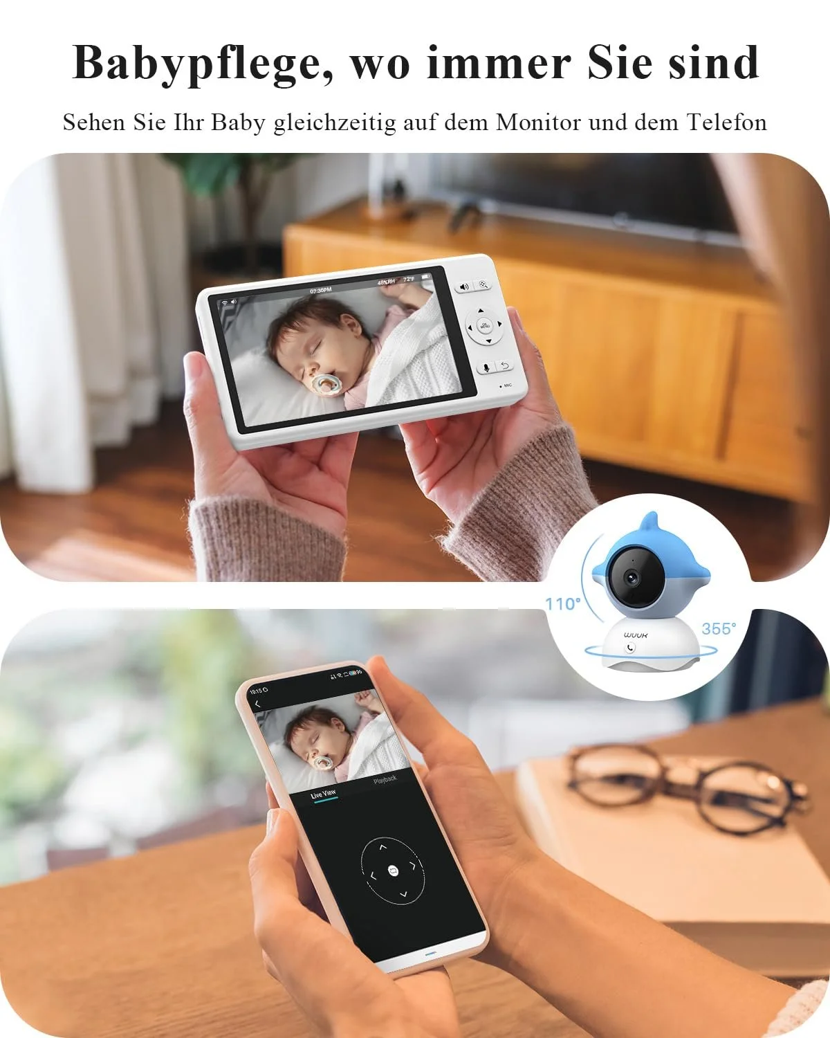 Відеоняня WUUK 2K 5.5 Inch 360 PTZ 135° Wide Angle 3700mAh App Temperature and Humidity Sensor Motion / Sound Detection, фото №4