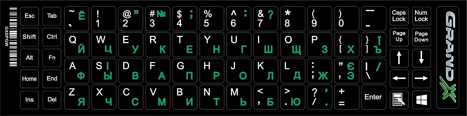 Наклейка на клавиатуру Grand-X 68 keys Cyrillic green Latin white GXDPGW, фото №1
